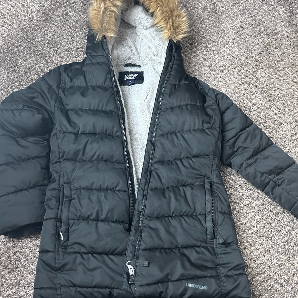 Lands' End Black Jacket with Faux Fur Lining